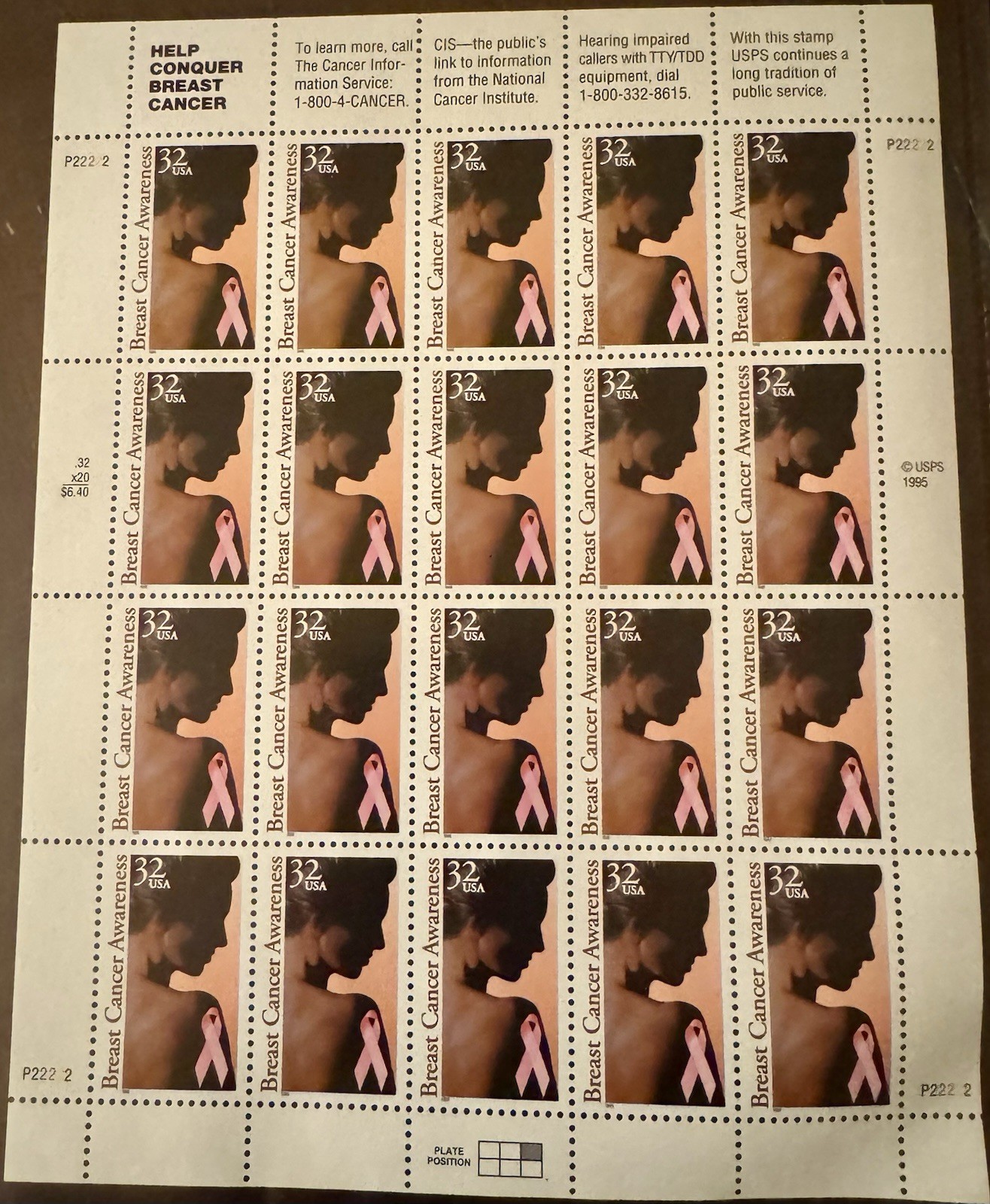 US Postage STAMPS 1996  Help Conquer Breast Cancer  32c  20 stamps  MNH