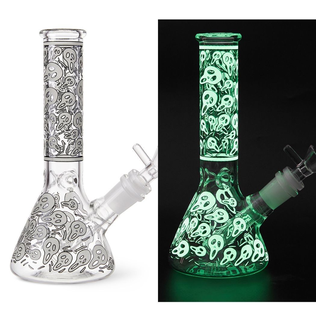 7.8" Skull Fluorescent Glass Bong Glass Water Pipe Smoking Tobacco Beaker 14MM