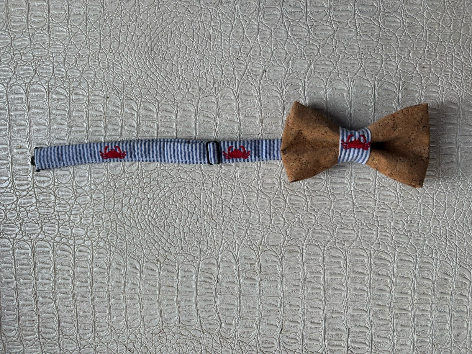 Genuine Cork Bow Tie Boys Embroidered Crab Nautical Seashore Blue White Stripe