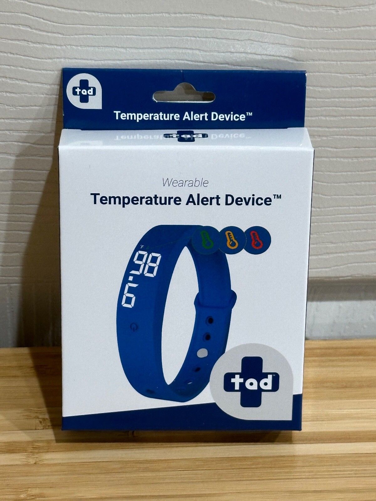 New in Box TAD Safe Wearable "Temperature Alert Device" - Blue Silicone Band