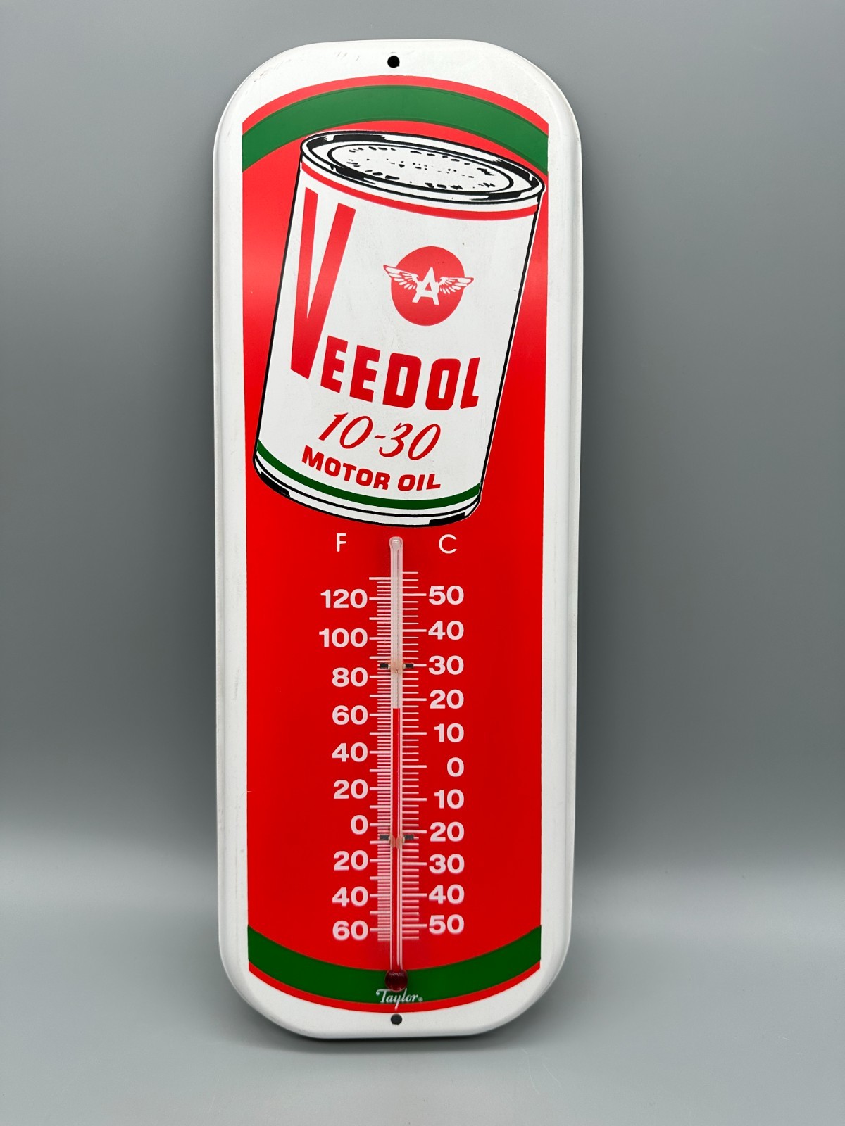 Tin Veedol 10-30 Motor Oil Garage Thermometer by Taylor 6" x 16"!