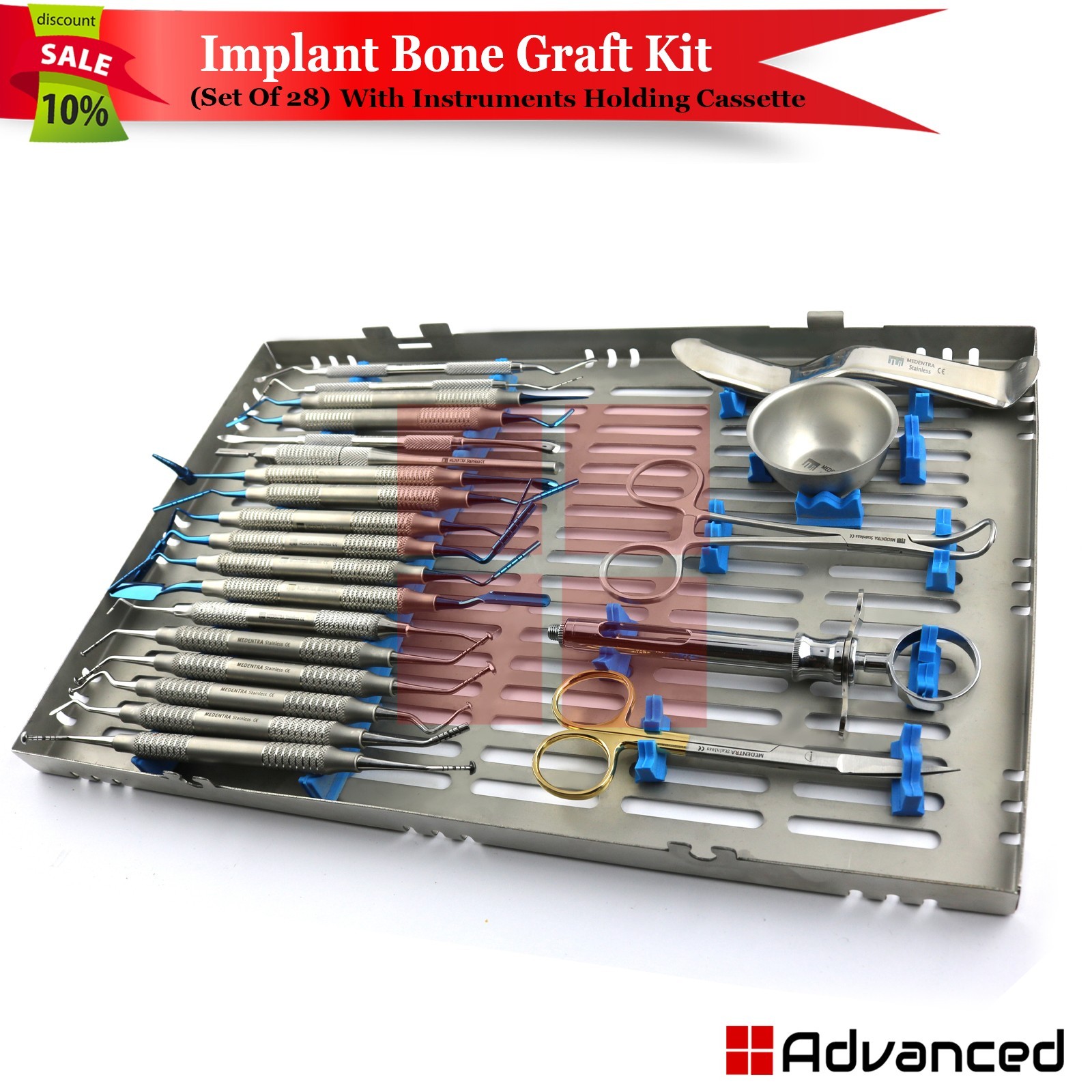 28 Pcs Implant Bone Graft Surgery Kit Dental Surgical Instruments W/ CASSETTE