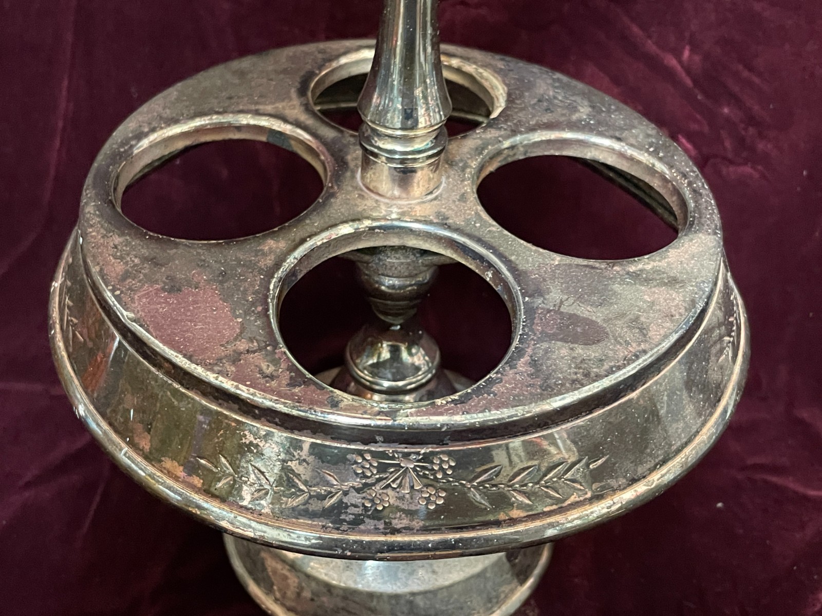 Antique 1800's Wilcox Silver Plate Cruet Condiment Set 3 Etched Amber Bottles