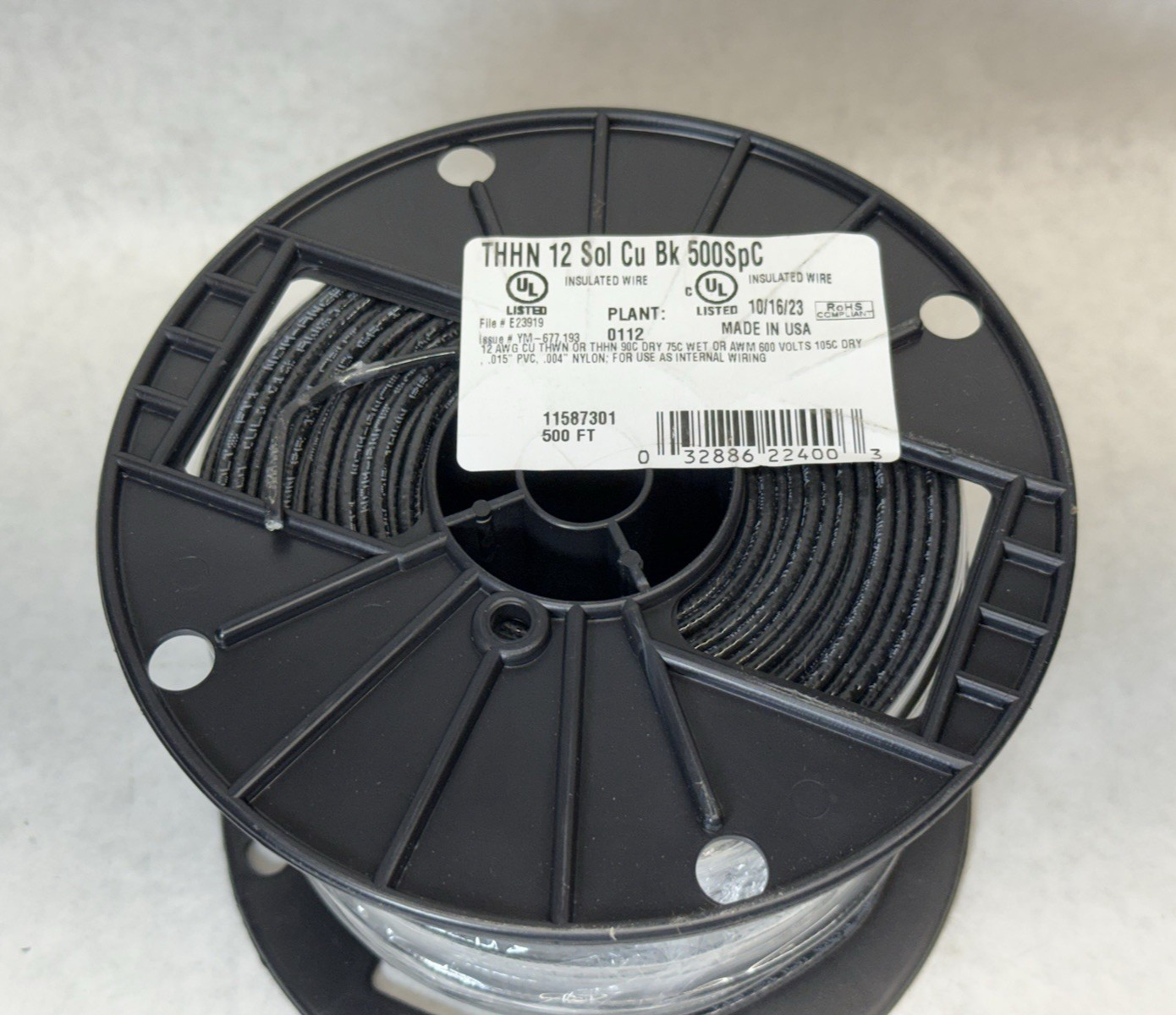 NEW Southwire 11587301 THHN Building Wire Solid Cu, 12 AWG, Black, 500 ft.
