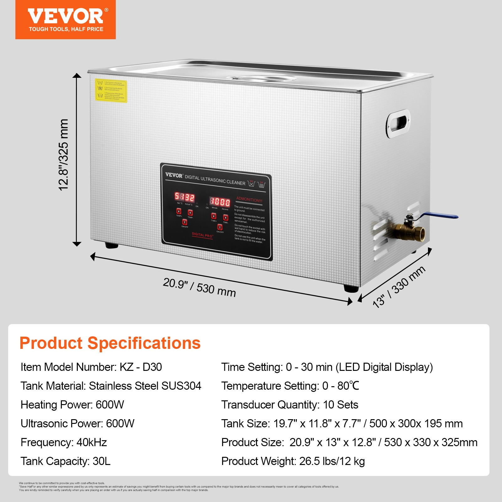 VEVOR 30L Ultrasonic Cleaner with Timer Heating Machine Digital Sonic Cleaner