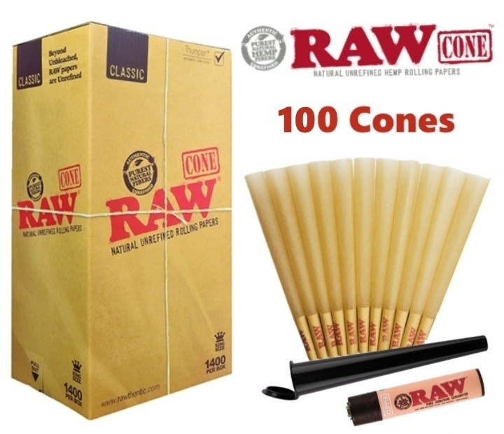 Authentic RAW Classic King Size Pre-Rolled Cones 100 Pack & Tube & Lighter