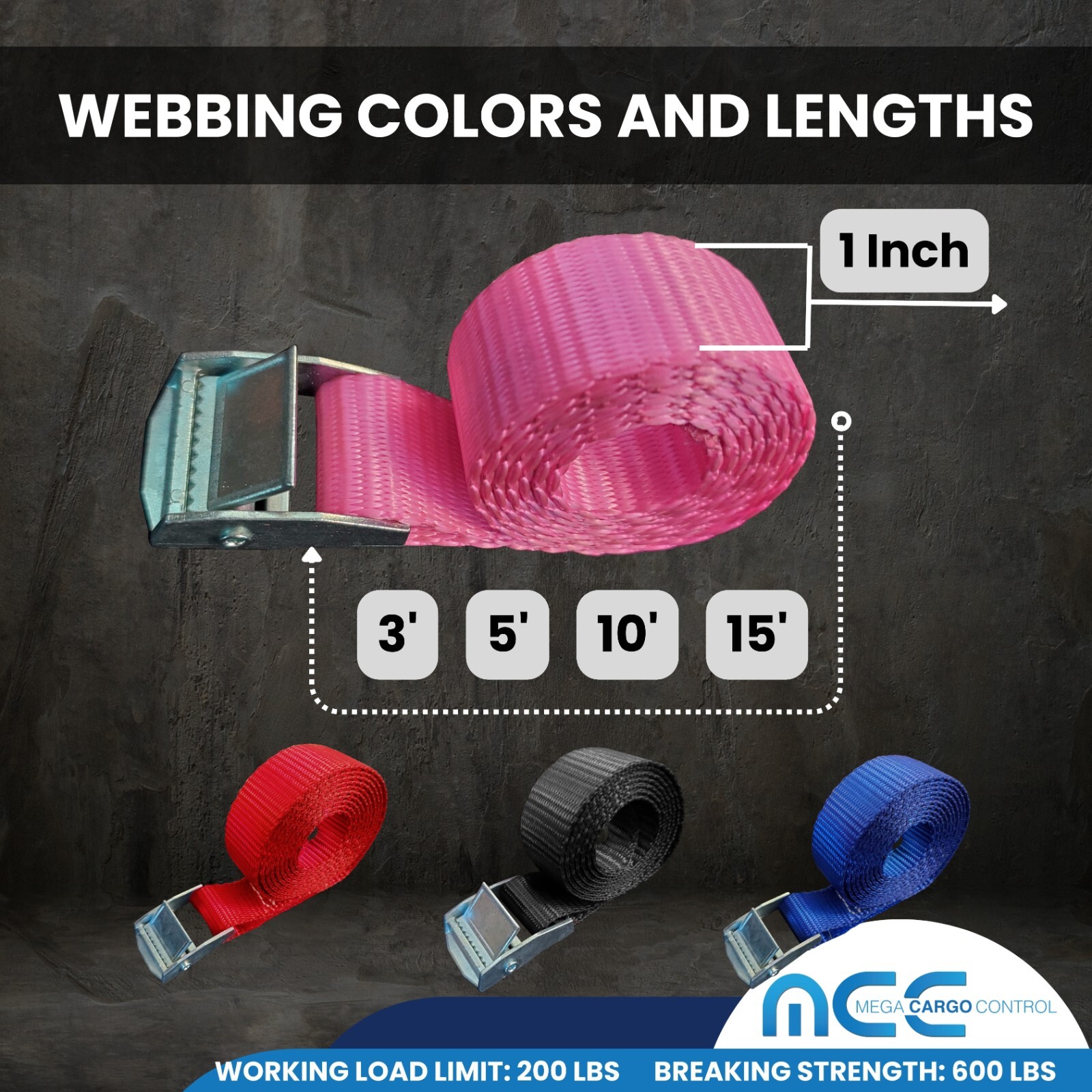 USA 1" x 3'- 15' Endless Cargo Lashing Strap w/Cam Buckle for Motorcycle Bicycle