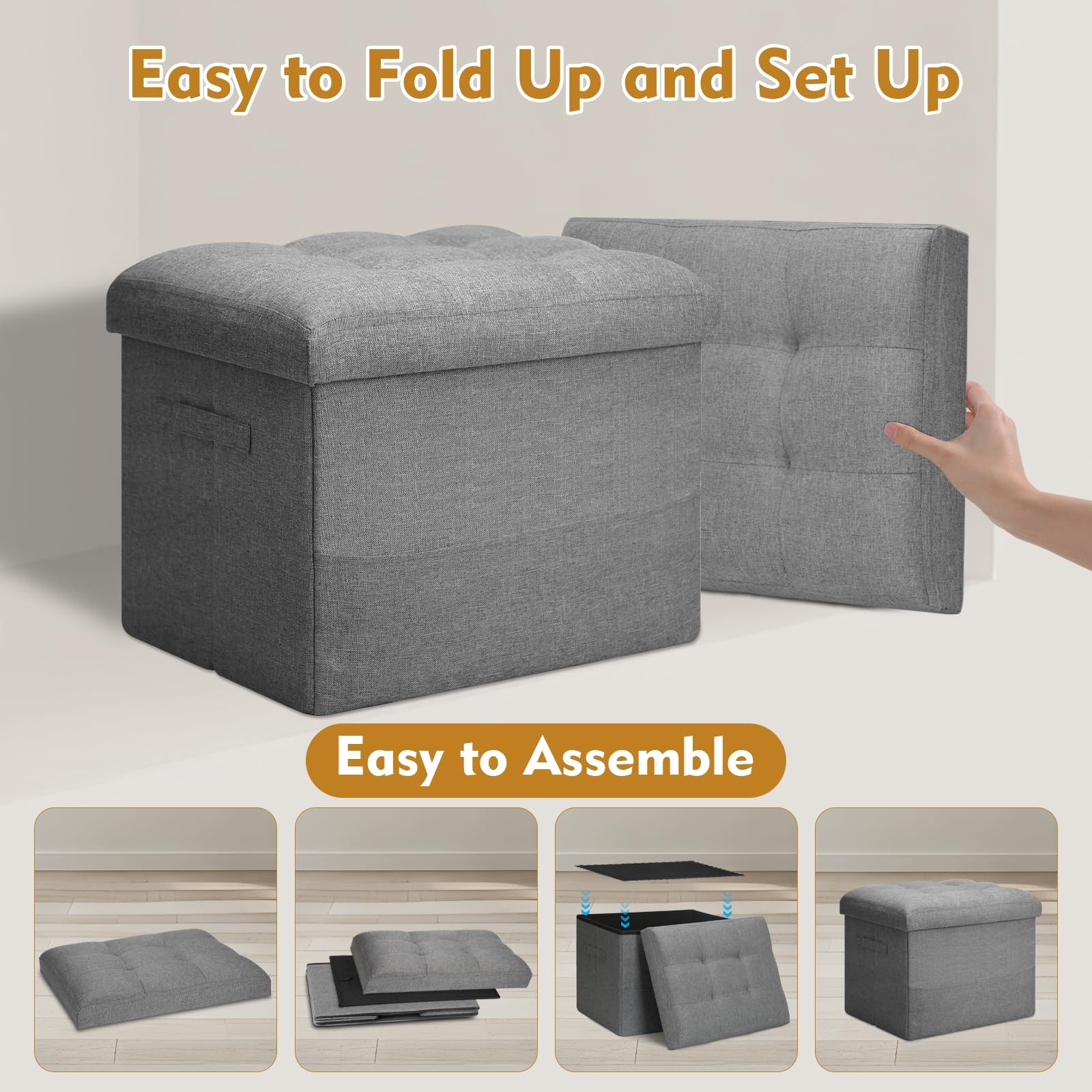 Storage Ottoman with Extra Thick Foam Padded Seat, Foldable Foot Rest Stool w...