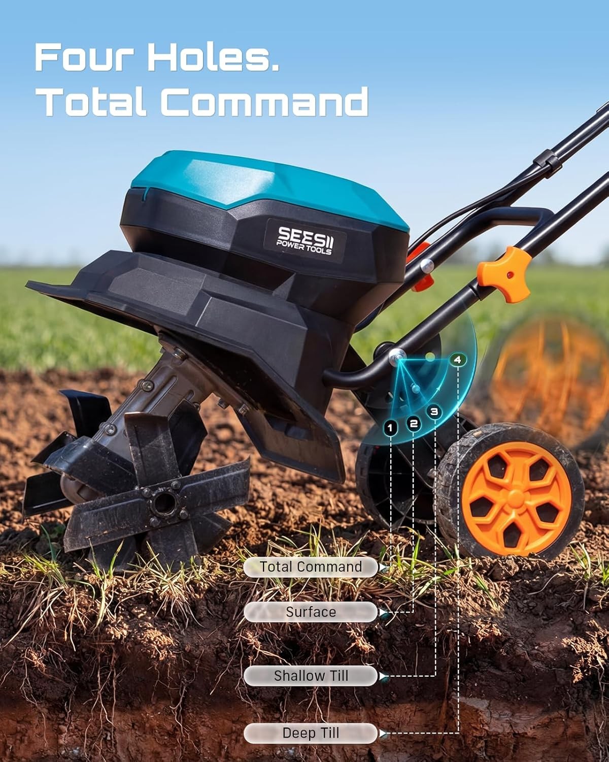 Seesii Cordless Cultivator 40V 12" Width 4x4Steel Tines 2x5000mah Battery Tiller