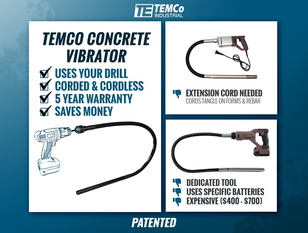 TEMCo Cordless Concrete Vibrating Tool, Drill-powered Concrete Vibrator