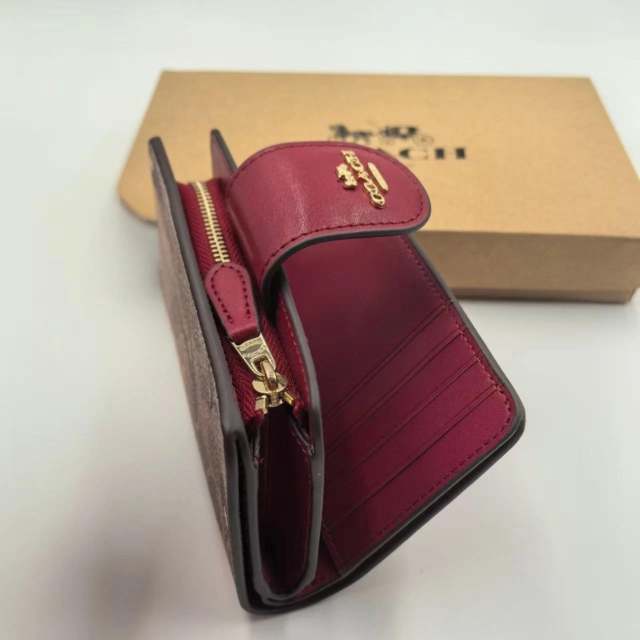 Coach Med Corner Zip Wallet Clutch CZ342 Brown Signature Canvas Cherry Print