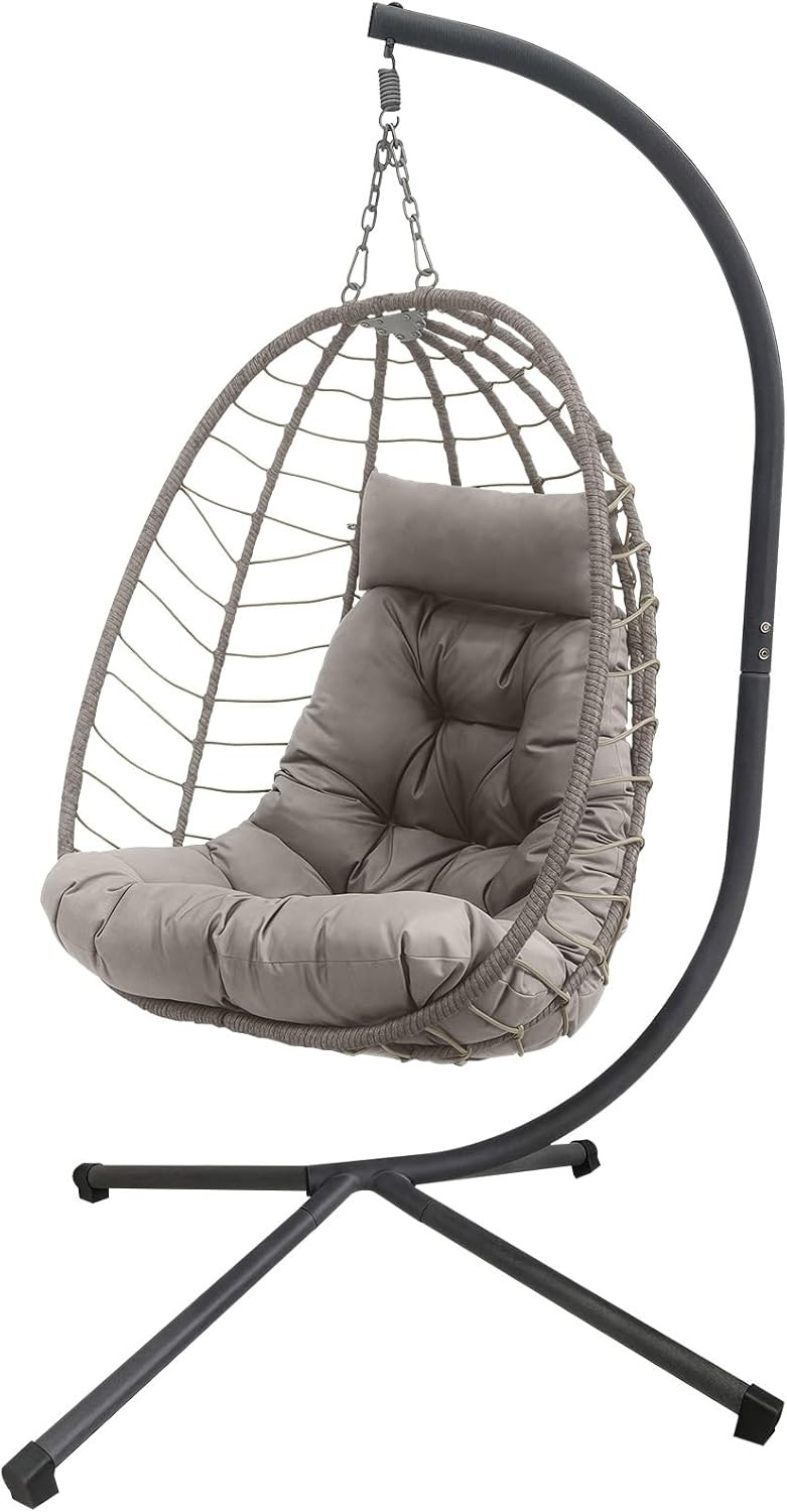 Hanging Egg Chair with Stand, Outdoor Wicker Patio Swing, Foldable Hammock Chair