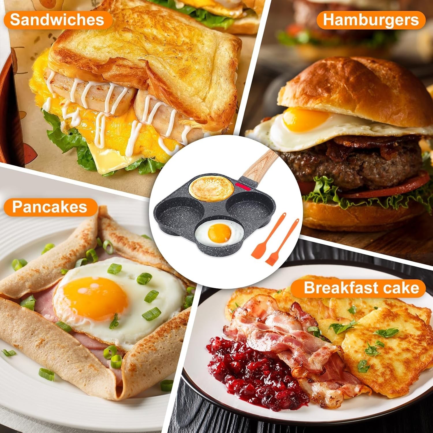 4 Hole Cup Egg Hamburger Pancake Maker Non-Stick Frying Pan with Wooden Handle