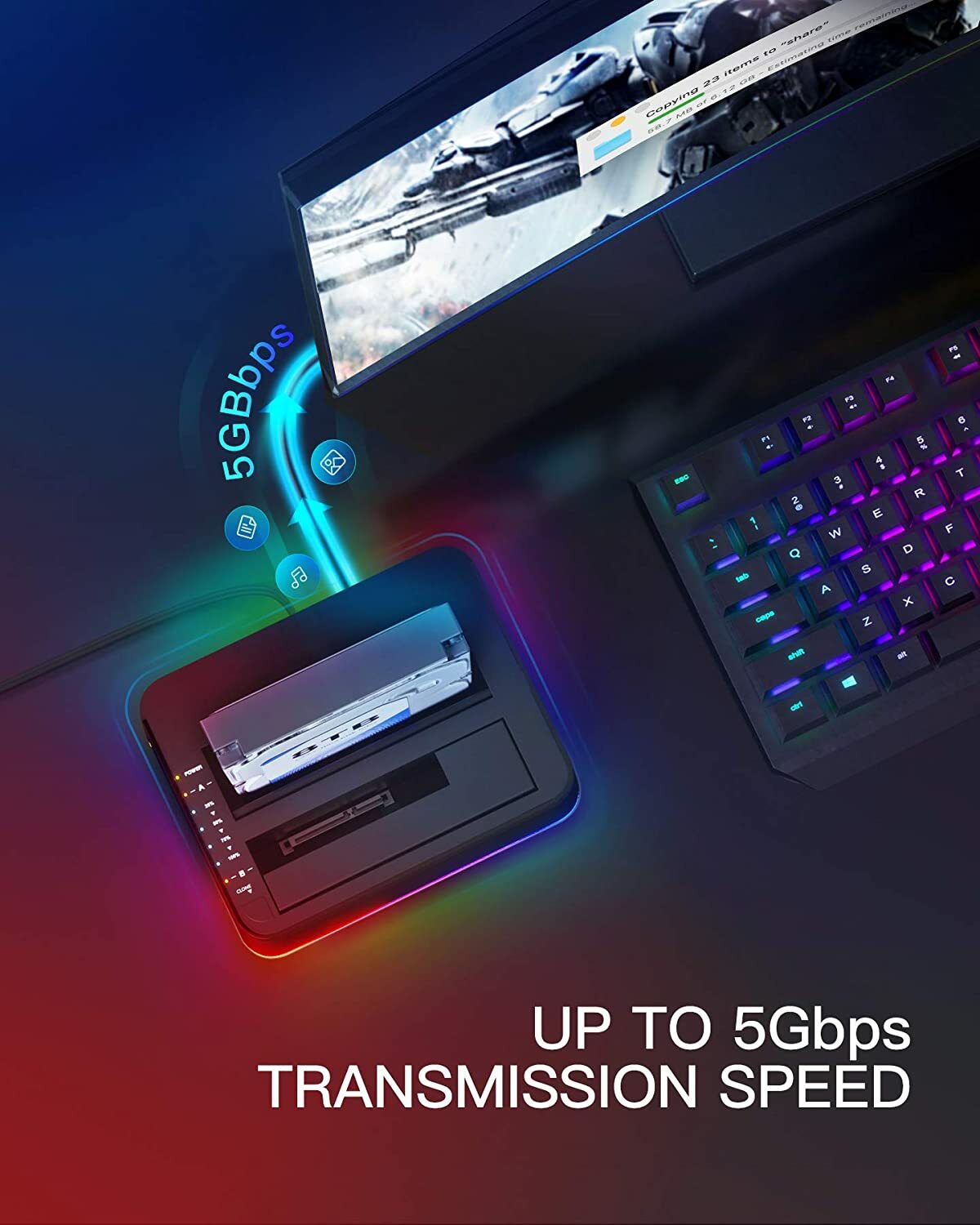 SATA to USB 3.0 HDD Docking Station Offline Cloning 2.5" 3.5" HDD SSD UASP RGB