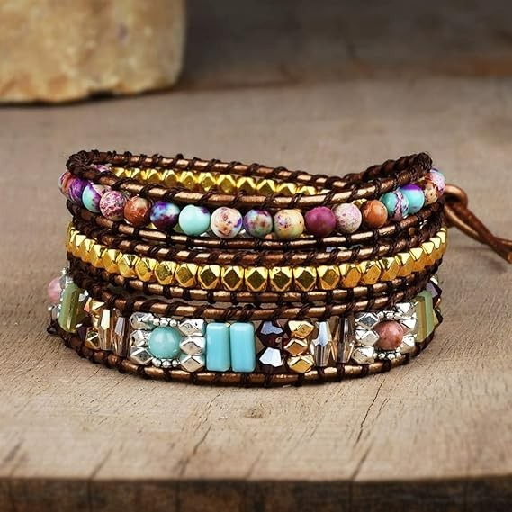 Natural Multilayer Jasper Copper 3 Strands Healing Braided Boho Wrap Bracelet
