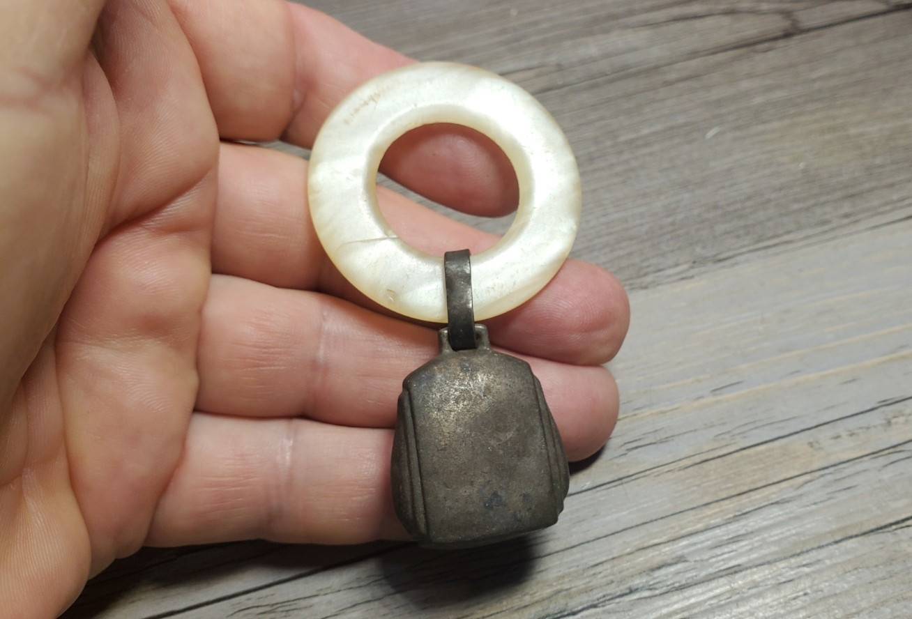 Antique Sterling Silver Mother of Pearl Art Deco Cowbell Baby Rattle Heirloom