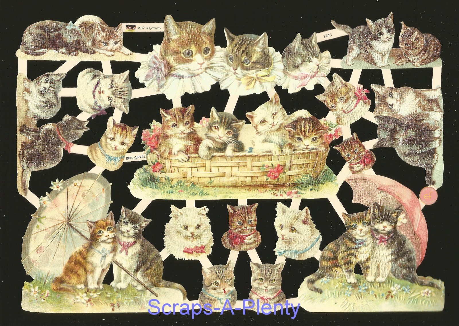 German Embossed Victorian Style Scrap Die Cut - Playful Kittens / Cats EF7415