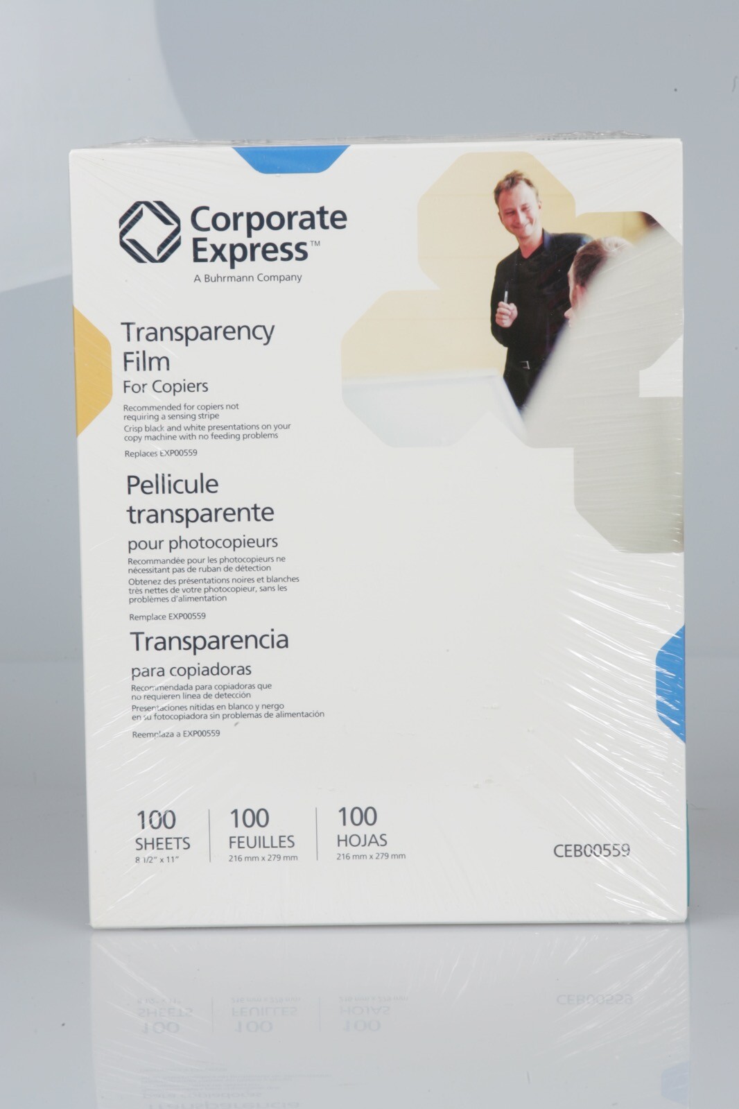 Transparency Film For COPIERS NOT REQUIRING STRIPE 100 Sheets 8.5x11 CEB00559
