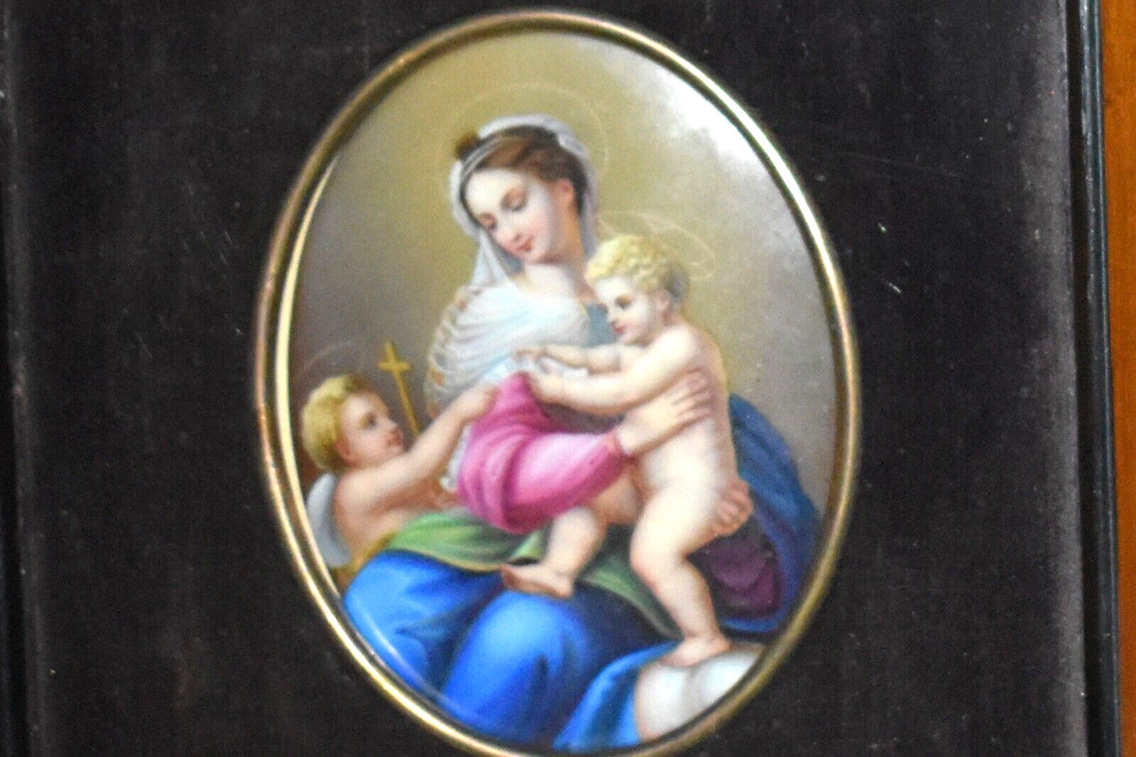 Antique KPM Style Germany Porcelain Plaque Madonna Child & Cherub Framed