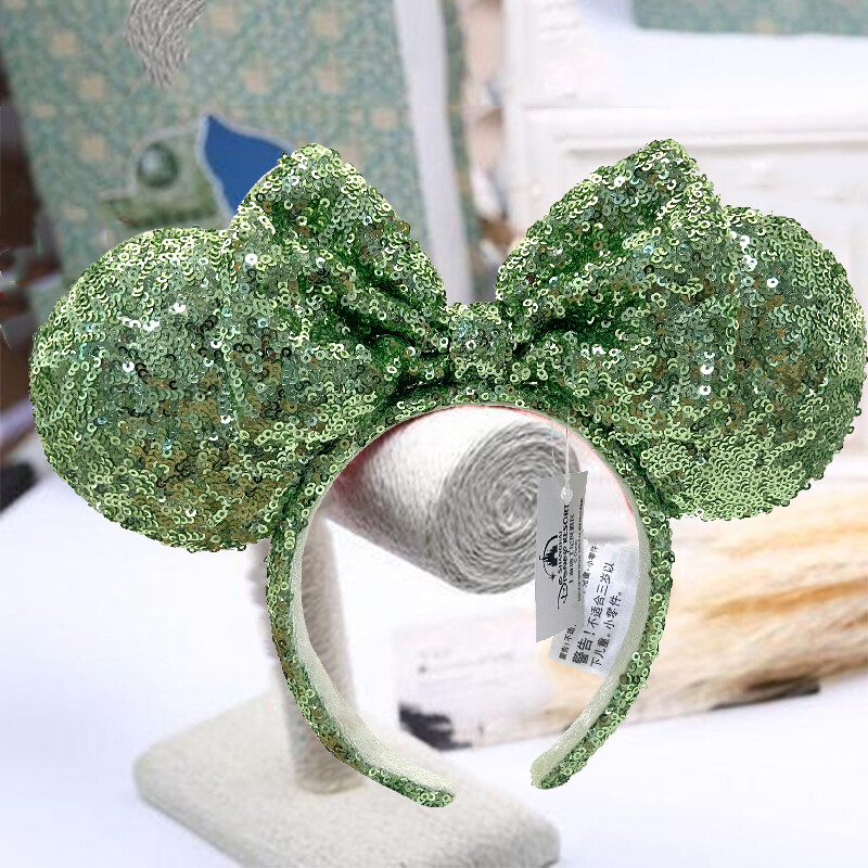 Disney-Parks Mickey Green Sequin Bow Exclusive Rare Minnie Mouse Ears Headband