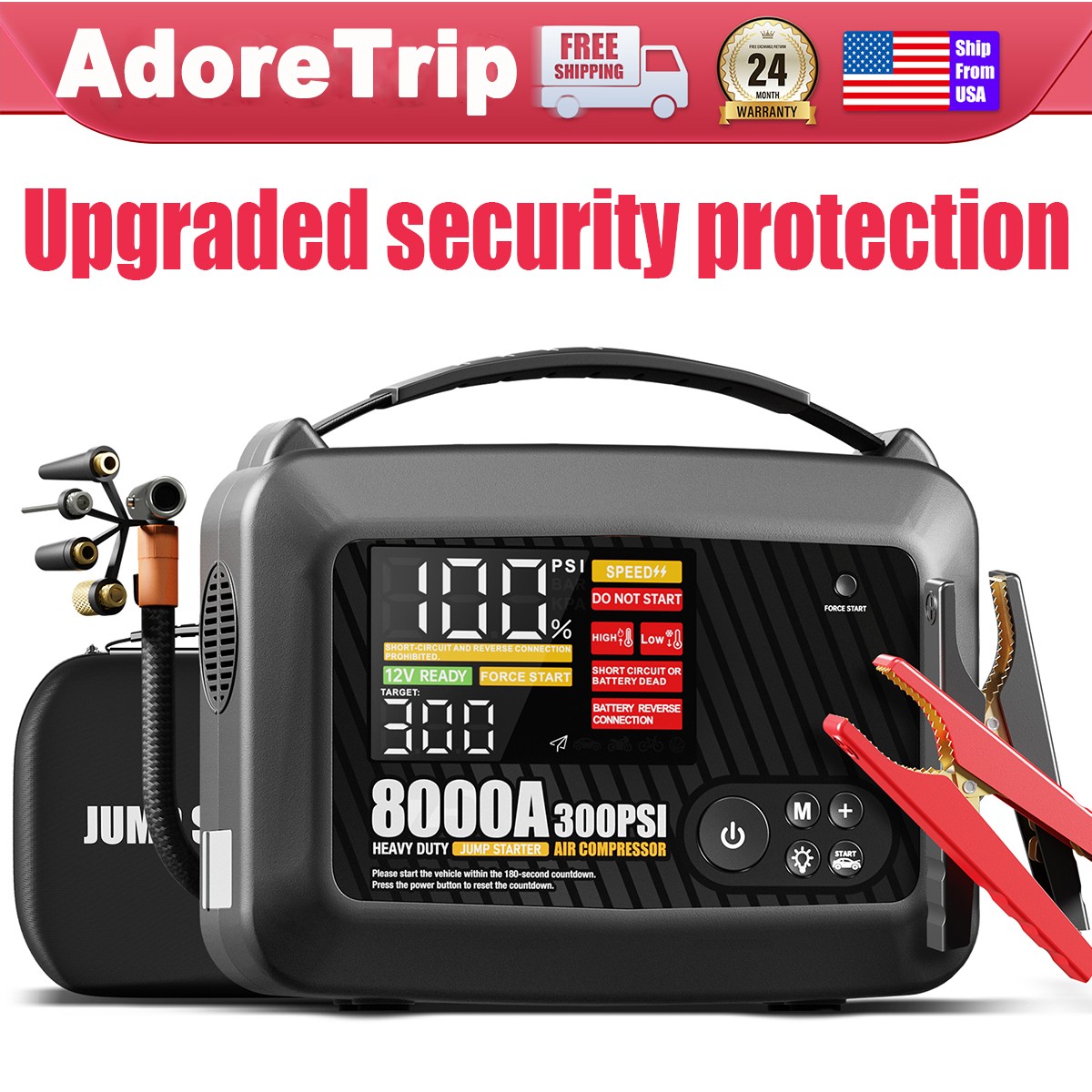 Truck Heavy Duty 8000A Jump Starter with Air Compressor Power Bank Battery Safe