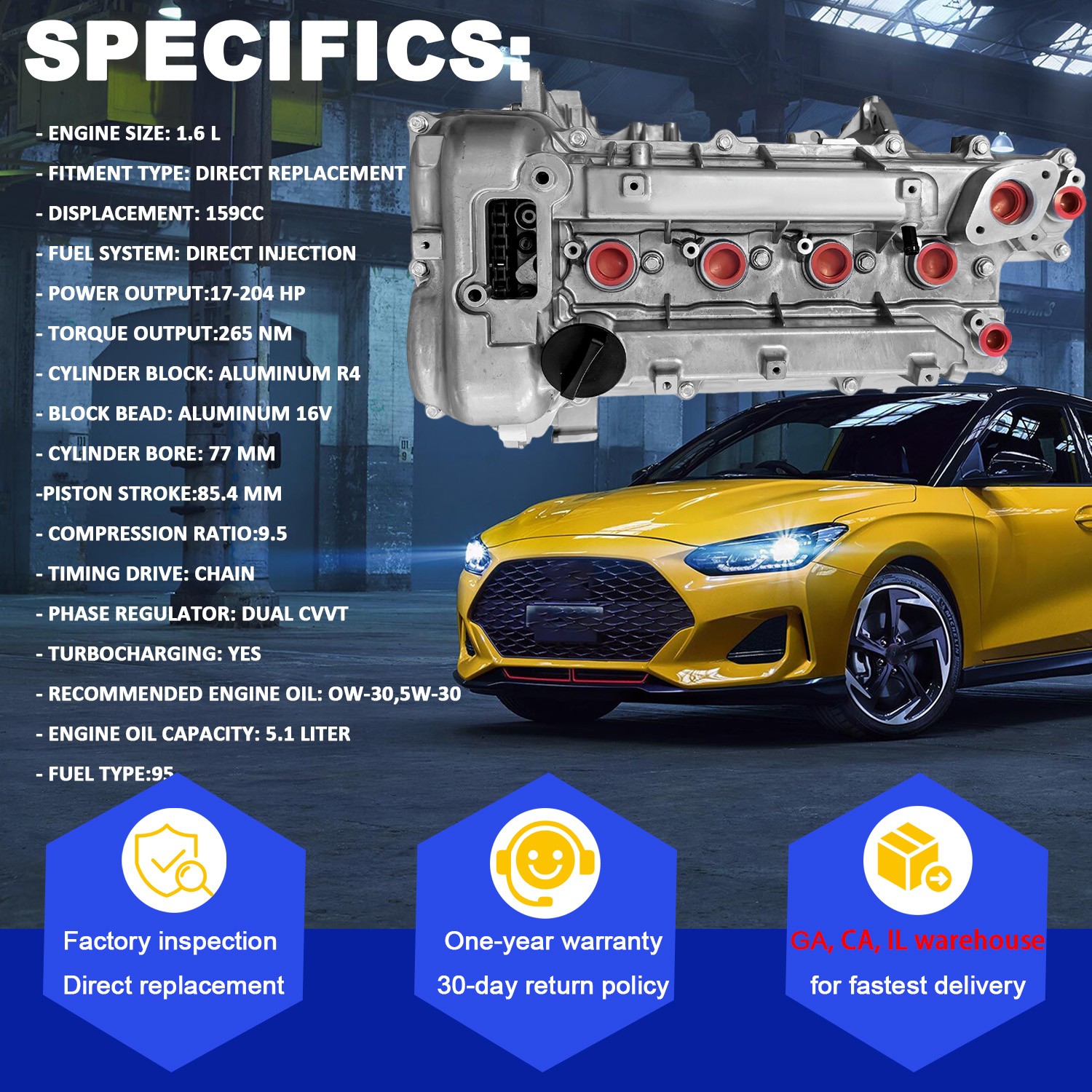 For Kia Elantra 2016-2018 Hyundai Tucson Engine Motor 1.6L L4 Turbo G4FJ T-GDI