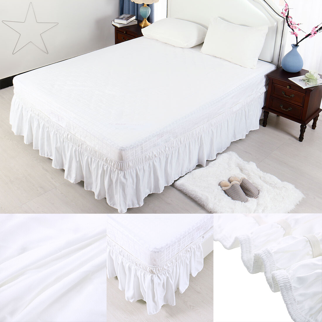 US Ship Wrap Around Bed Skirt Elastic Dust Ruffle 15 Inch Drop 4 Size Wrinkle