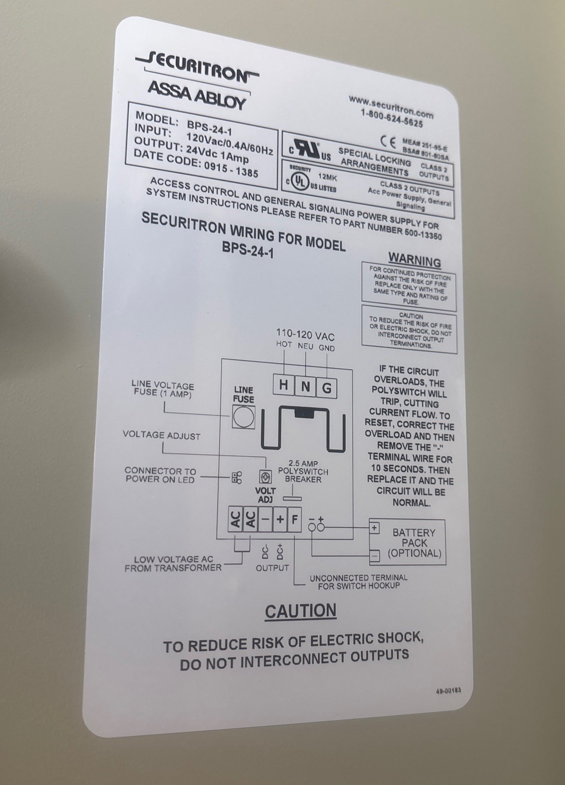 NIB Securitron BPS-24-1 Power Supply, 24VDC 1A, w/ Enclosure, Regulated,Filtered