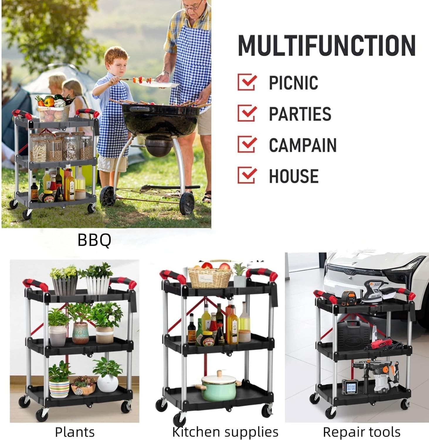 Collapsible Rolling Cart with Wheels, 3 Tier Rolling Utility Cart
