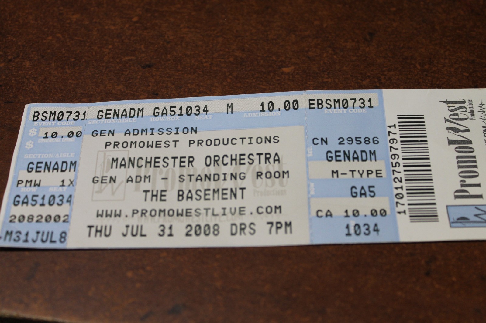 PROMOWEST THE BASEMENT MANCHESTER ORCHESTRA JULY 31 2008 TICKET