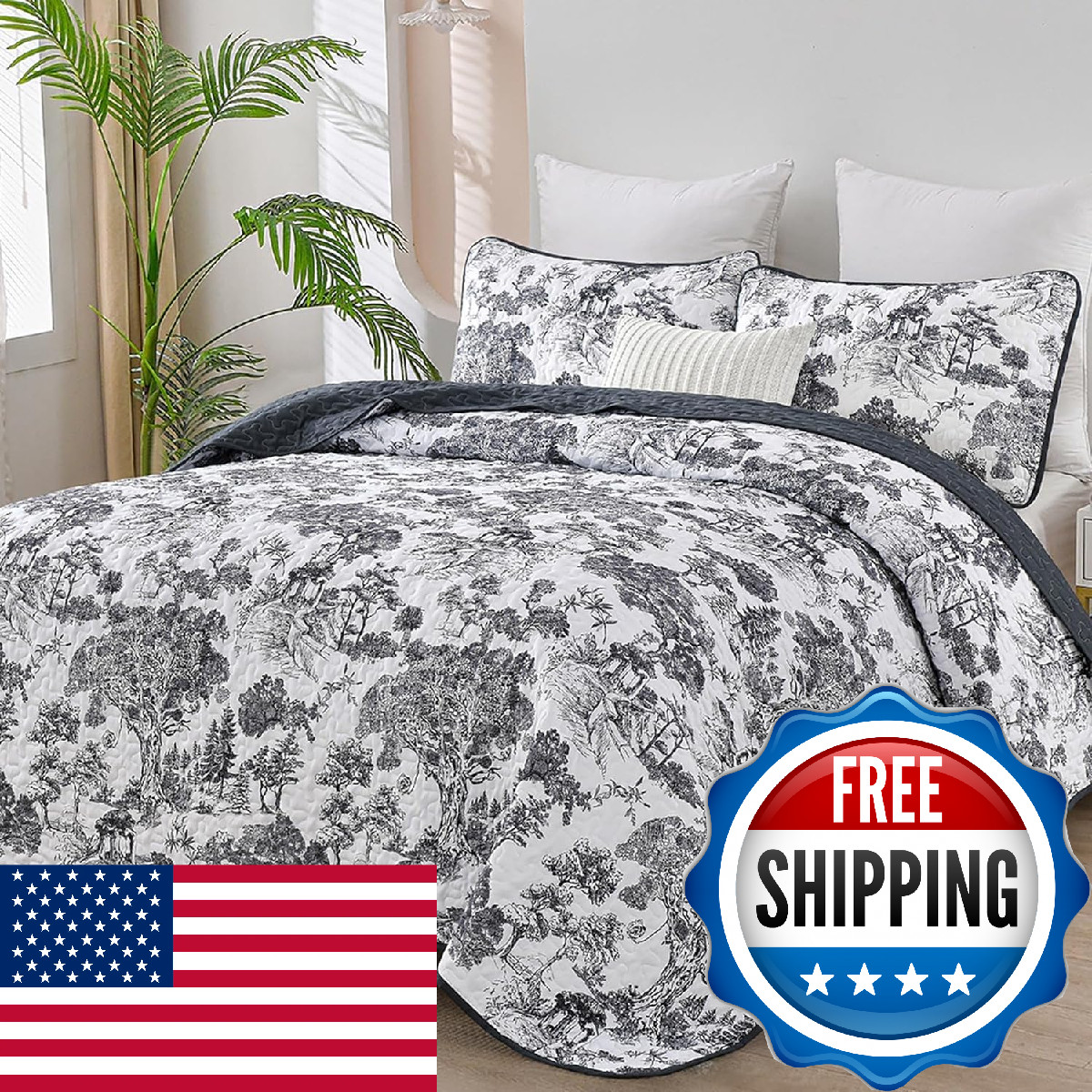 WONGS BEDDING Botanical Quilt Set Full Size, Black 3 Pieces Toile Floral Plants