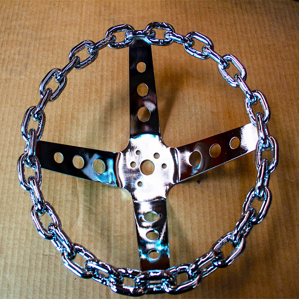 11 Inch Chrome Chain Steering Wheel with Cutout Spokes and Horn Button -3 Hole