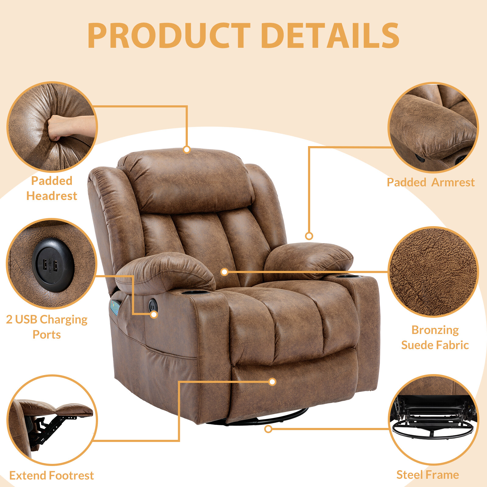 360° Swivel Overstuffed Manual Massage Glider Recliner with Heat and Vibration
