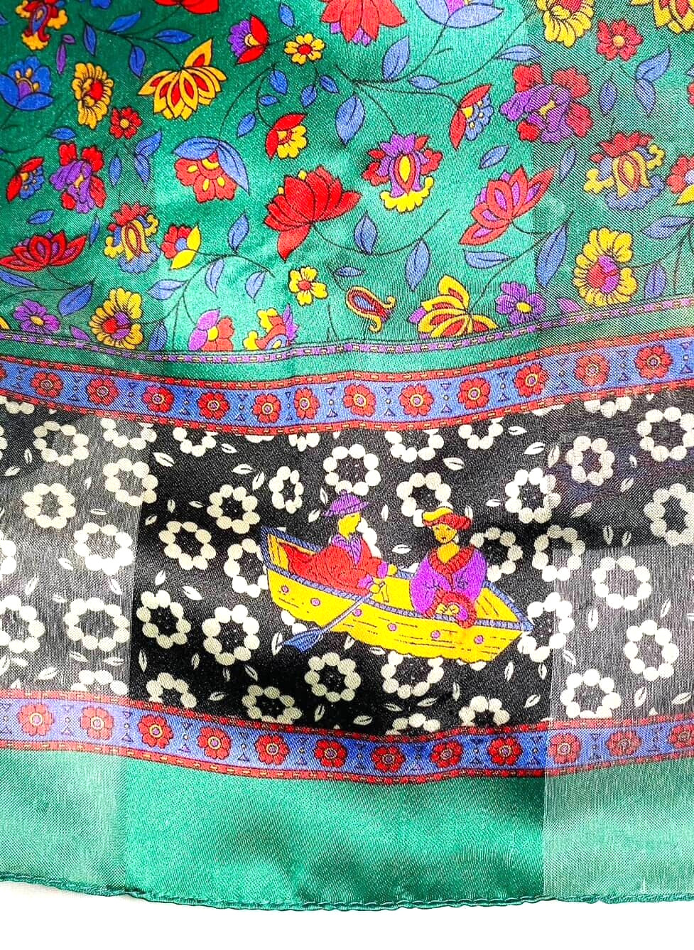 VTG Italy Square Scarf Asian Motif Couple in Boat Lotus Flowers Green 31x31"
