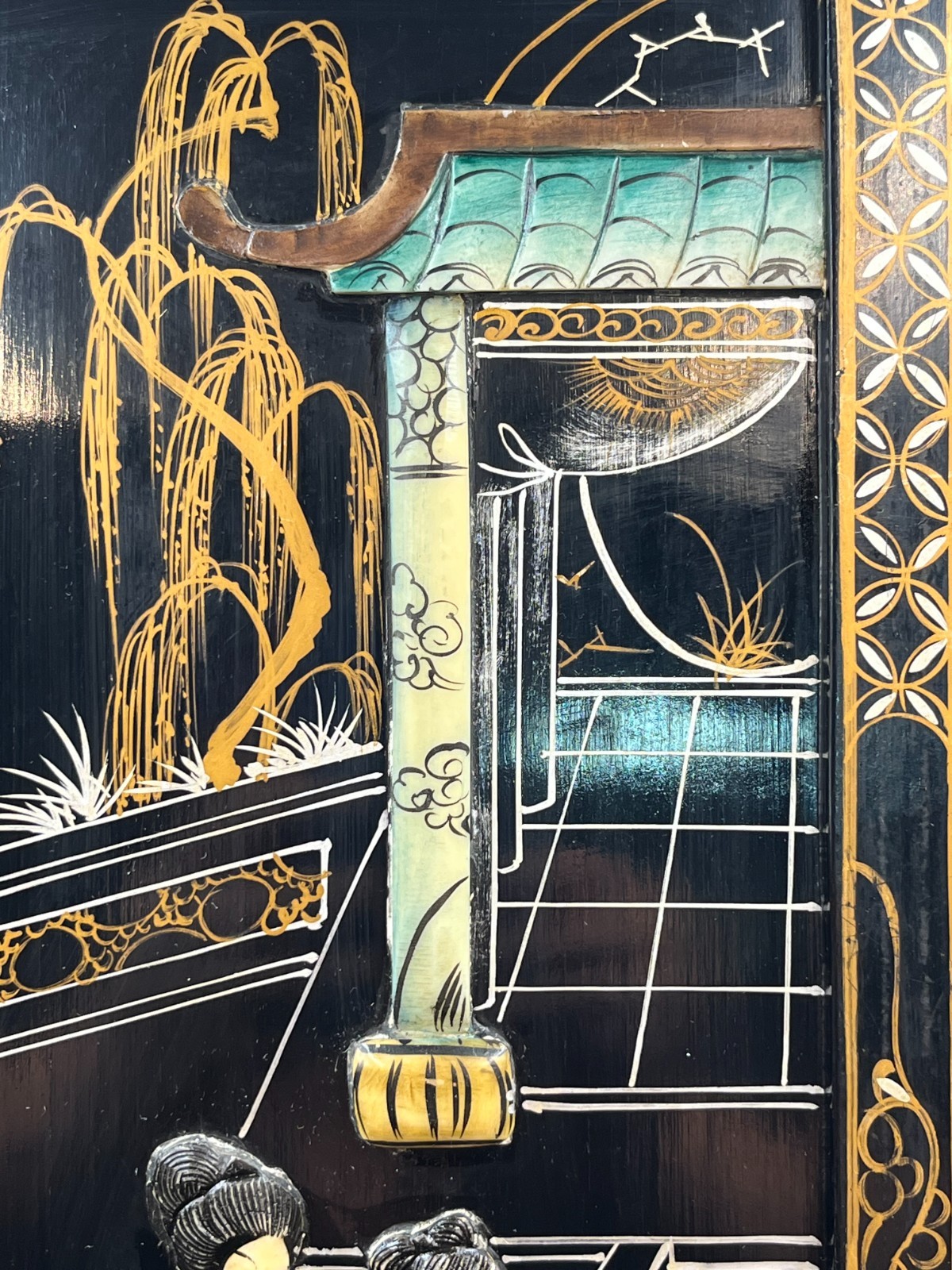 Vintage Chinese Black Lacquer Wall Panel Mother of Pearl Inlay & Stone Art