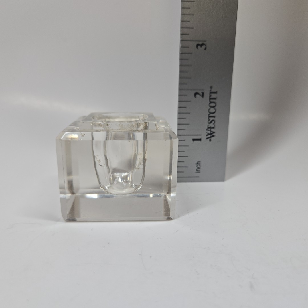 Vintage Clear Glass Inkwell Heavy Cube Shape Beveled Edging Solid
