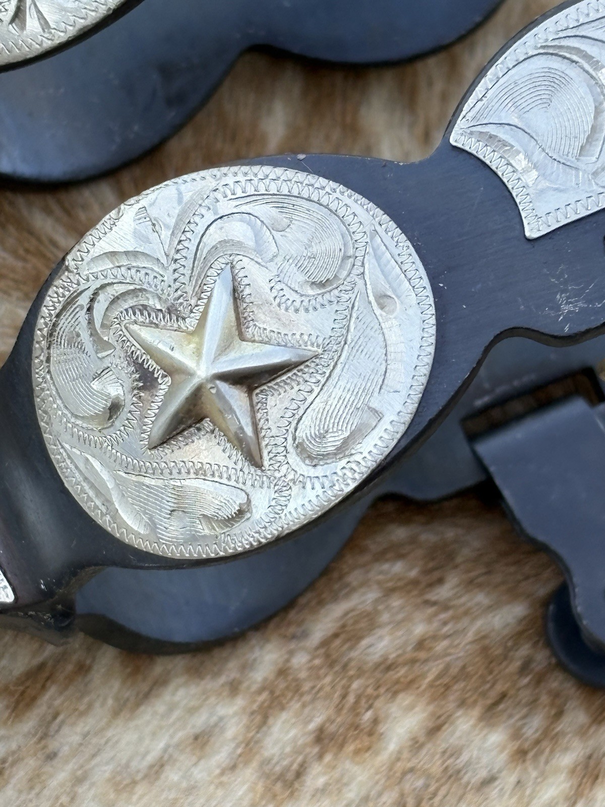 Men’s Size Black Steel Jingle Bob Spurs Engraved Silver PAIR Oversized Rowels