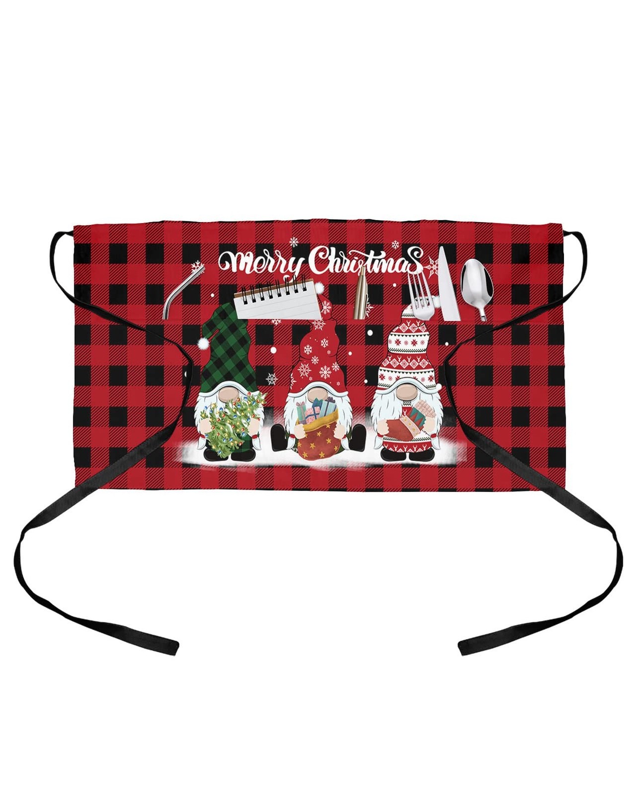 Server Apron Waitress Half Apron with 3 Pockets, Christmas Print