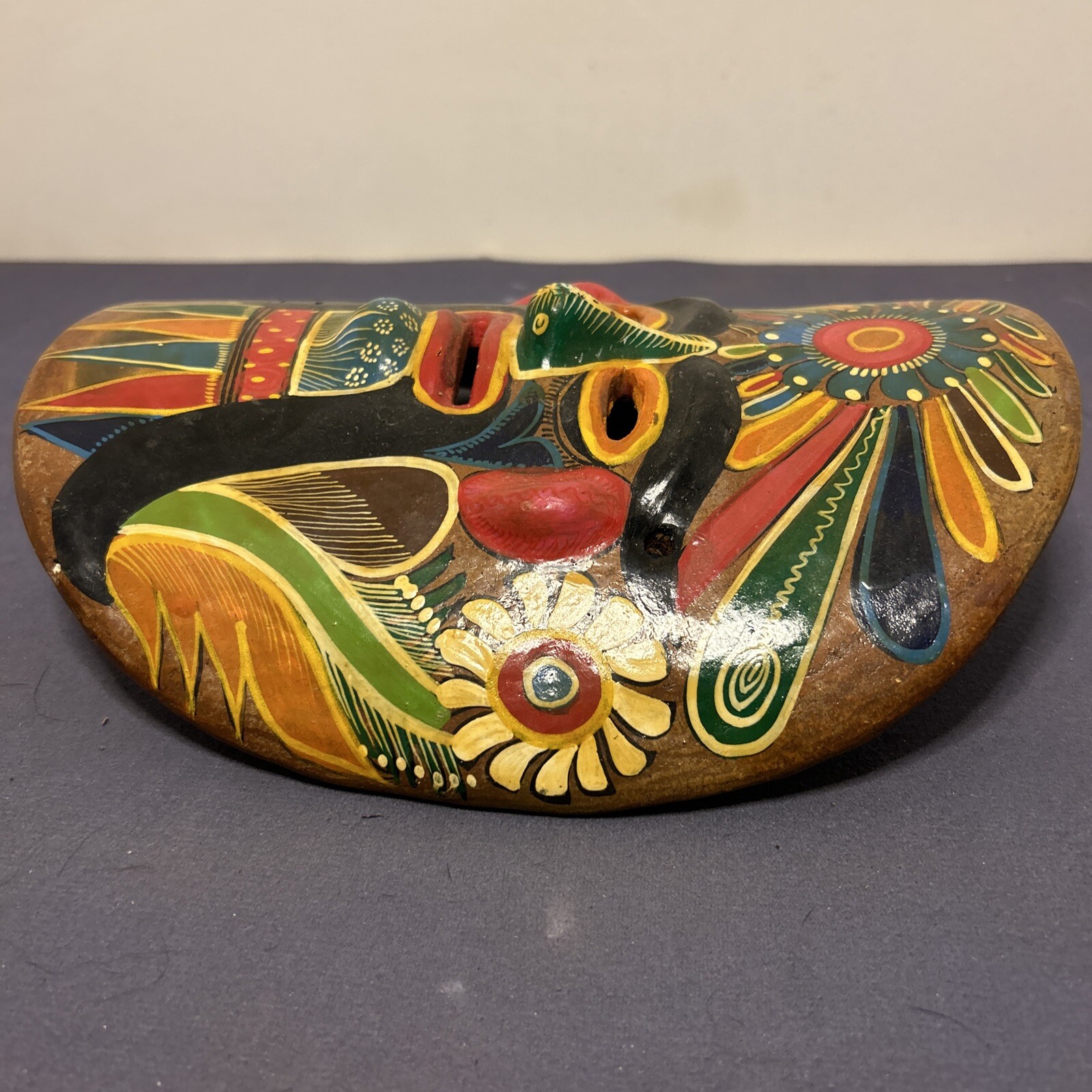 Vintage Mexican Brown Ceramic Hanging Mask Folk Art Hand Made