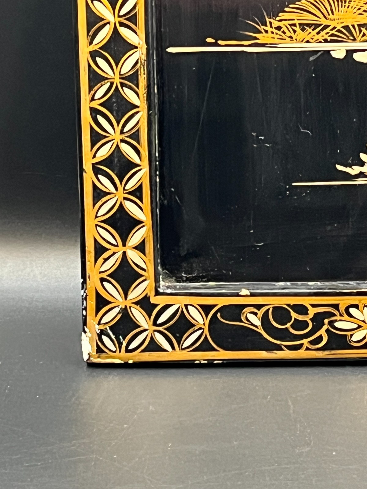 Vintage Chinese Black Lacquer Wall Panel Mother of Pearl Inlay & Stone Art