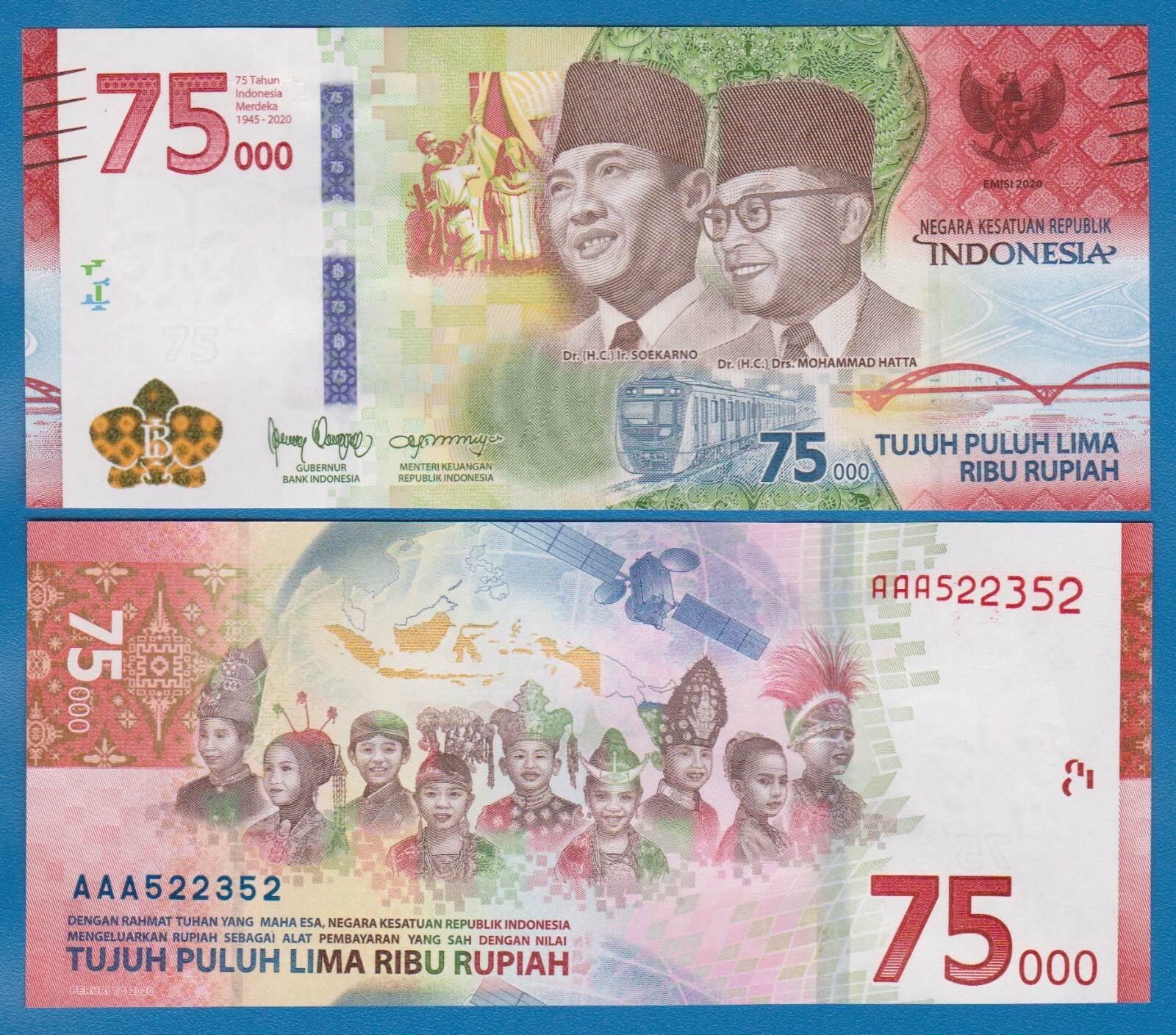 PREFIX AAA, Indonesia 75,000 Rupiah, P 161, 2020 UNC Commemorative, 75000 "AAA"