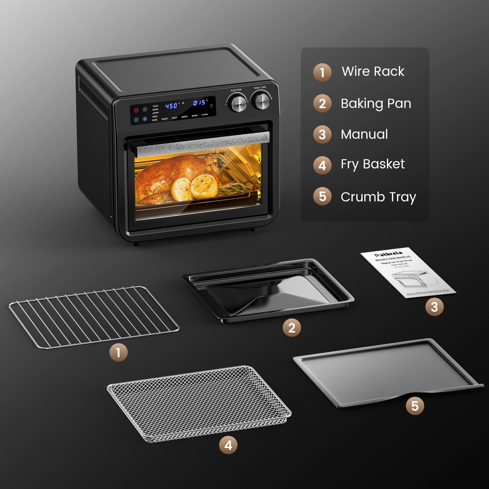 Air Fryer Toaster Oven 26Qt 10 in 1 Convection Oven Dehydrator 1800W Extra Large