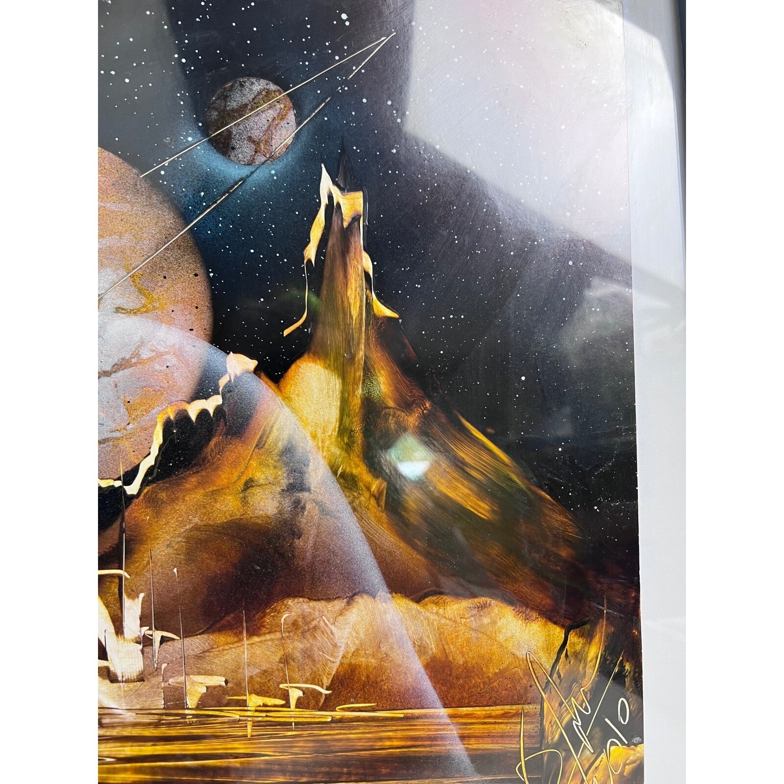 Vintage Fantasy Landscape Planets Sci-Fi Spray Paint Signed Framed Art Painting