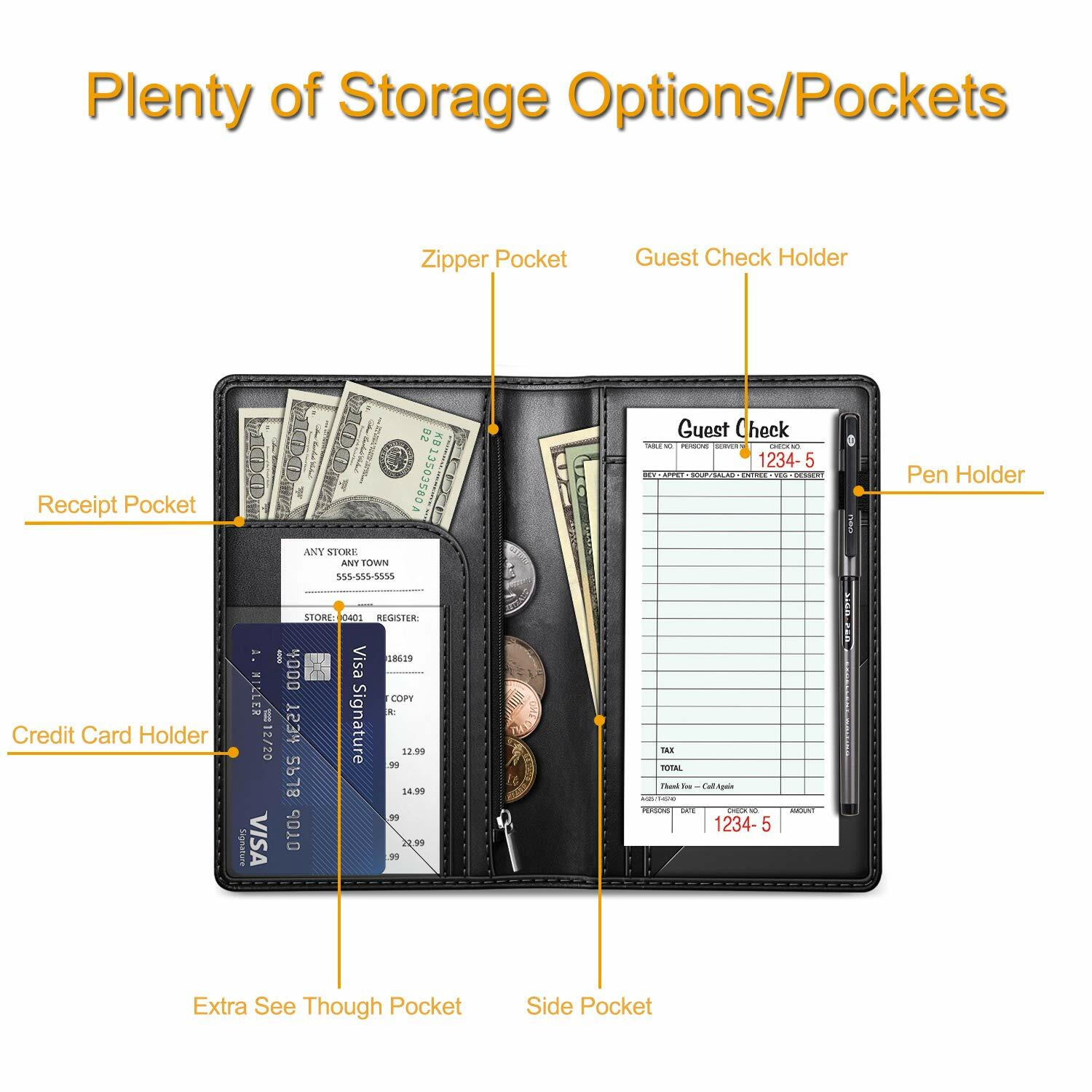 Server Book for Waitress Waiter Organizer Wallet with Zipper Pocket Card Holder