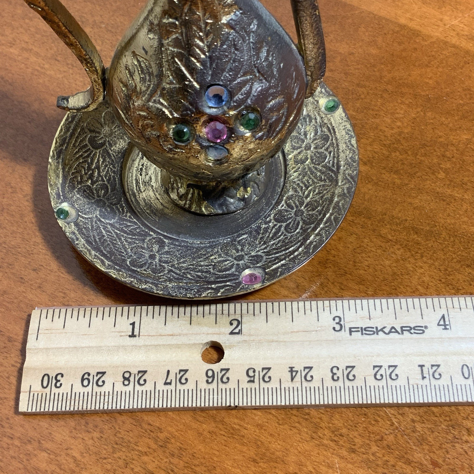 Vintage India Brass Mini Ewer Jeweled Saucer Broken Lid Middle Eastern Decor
