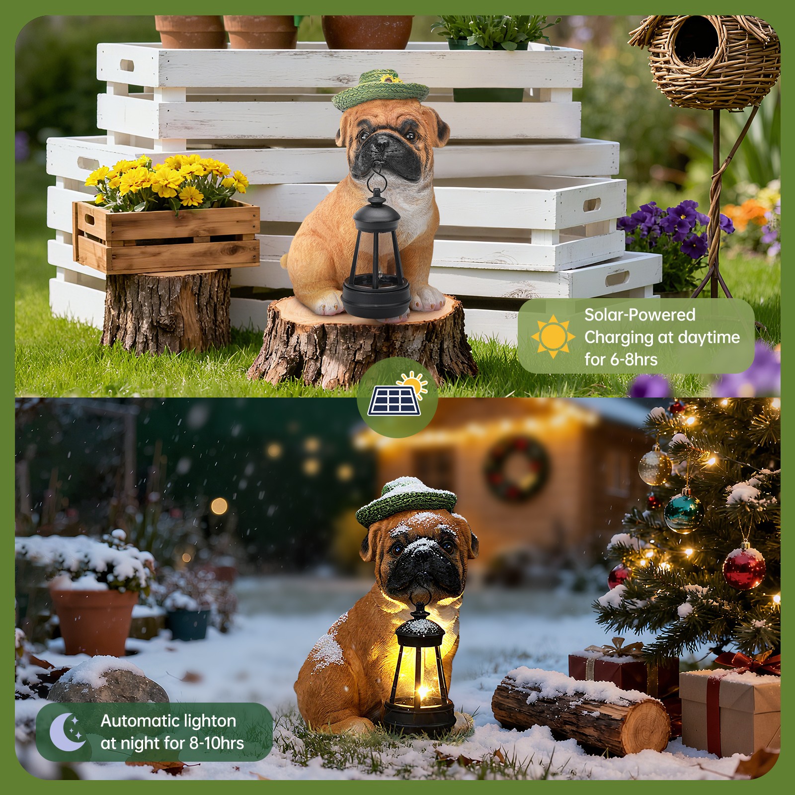 Solar-Powered Garden Dog Statue with Integrated Lanterns for Outdoor Decor