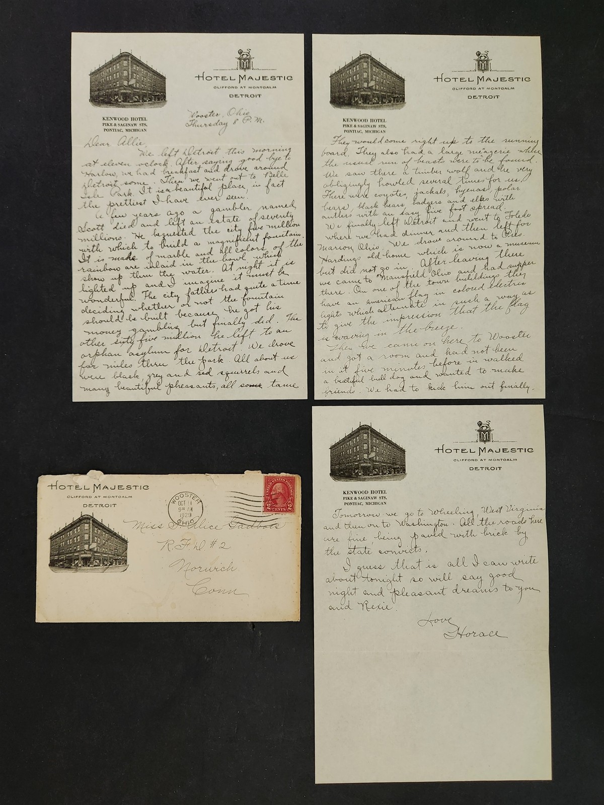 1929 antique HOTEL MAJESTIC detroit mi LETTERHEAD COVER to norwich ct GADBOIS