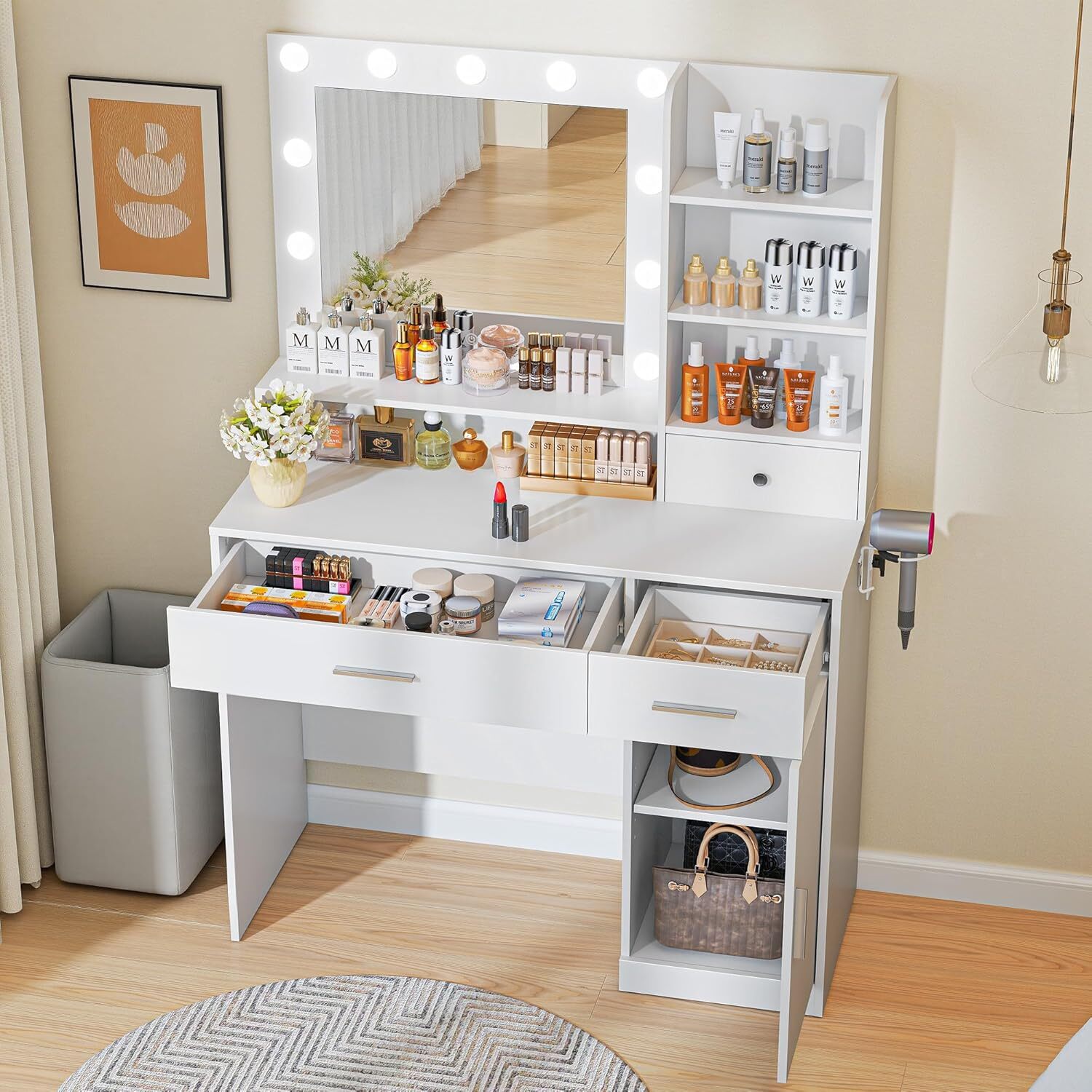 Vanity with Mirror Lights Makeup Vanity Desk Women Girls Bedroom Dressing Table