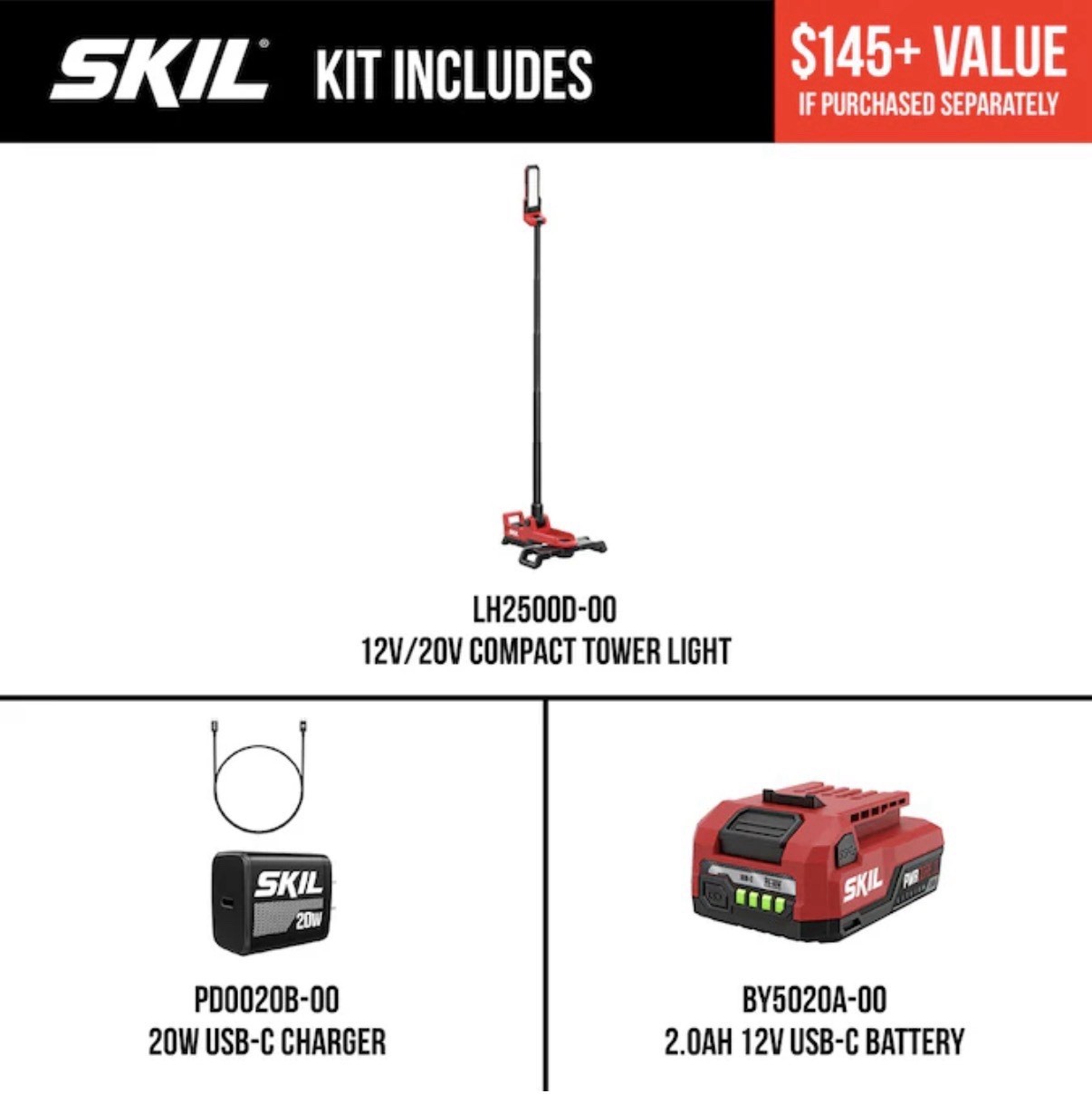 SKIL 12v 2500 Lumens LED Tower Light Kit W/ Battery And Charger PWRCORE