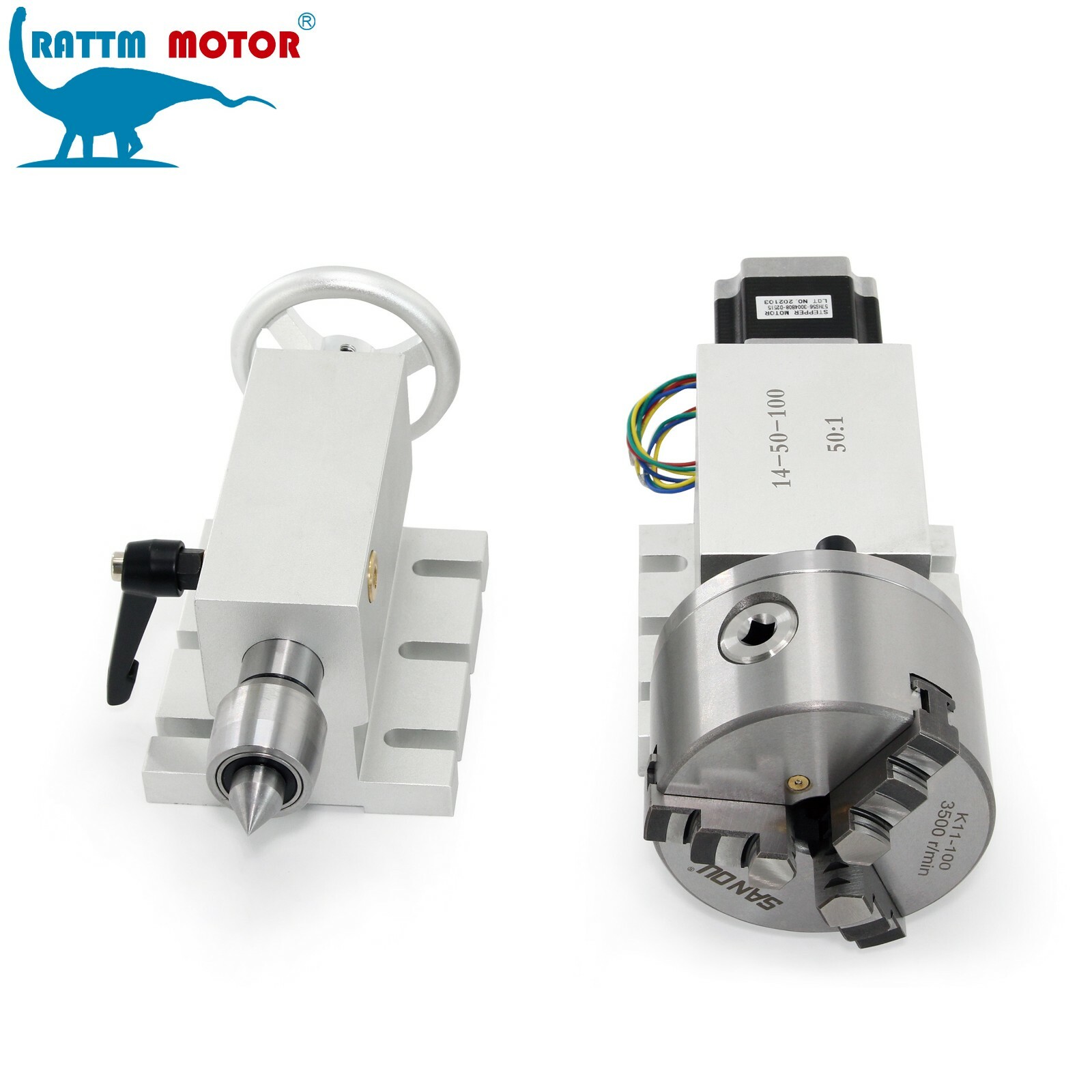 （US）Rotation 4th Axis 3 Jaw 100mm 50:1 Gapless Harmonic Zero Backlash+ Tailstock